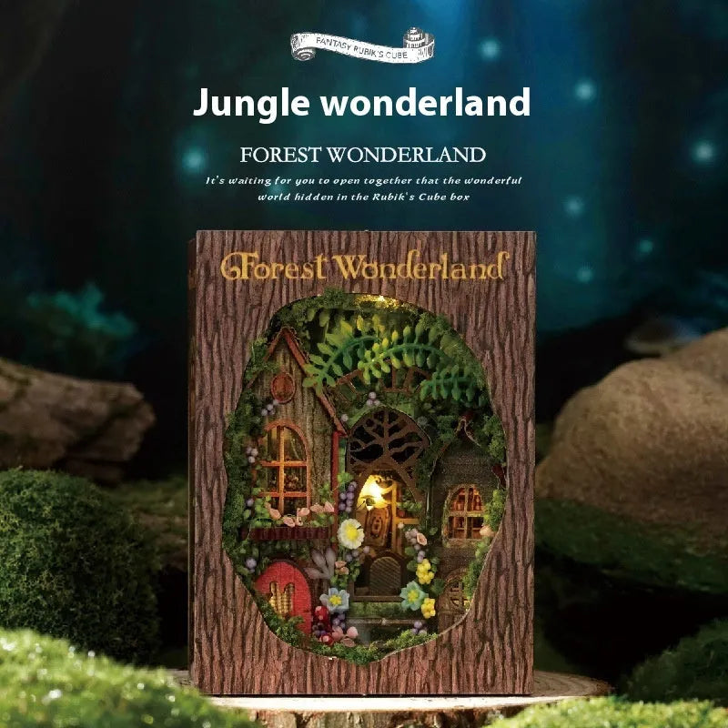 DIY Cottage MINI cut-free paper-cut flip-type wooden building model with flash function in colour box packaging