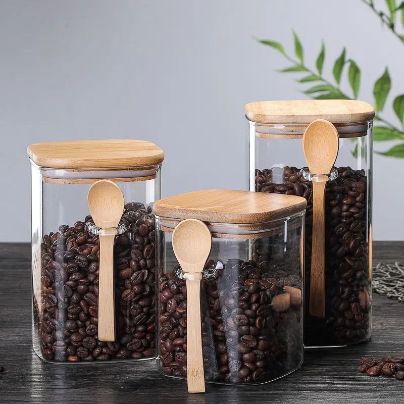 Square glass kitchen food storage can with lid in Japanese style, 1000ml capacity