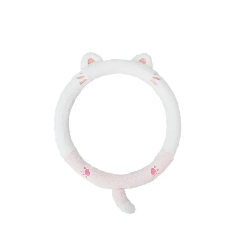 Rabbit fur plush steering wheel cover with embroidered cartoon panda design for winter.
