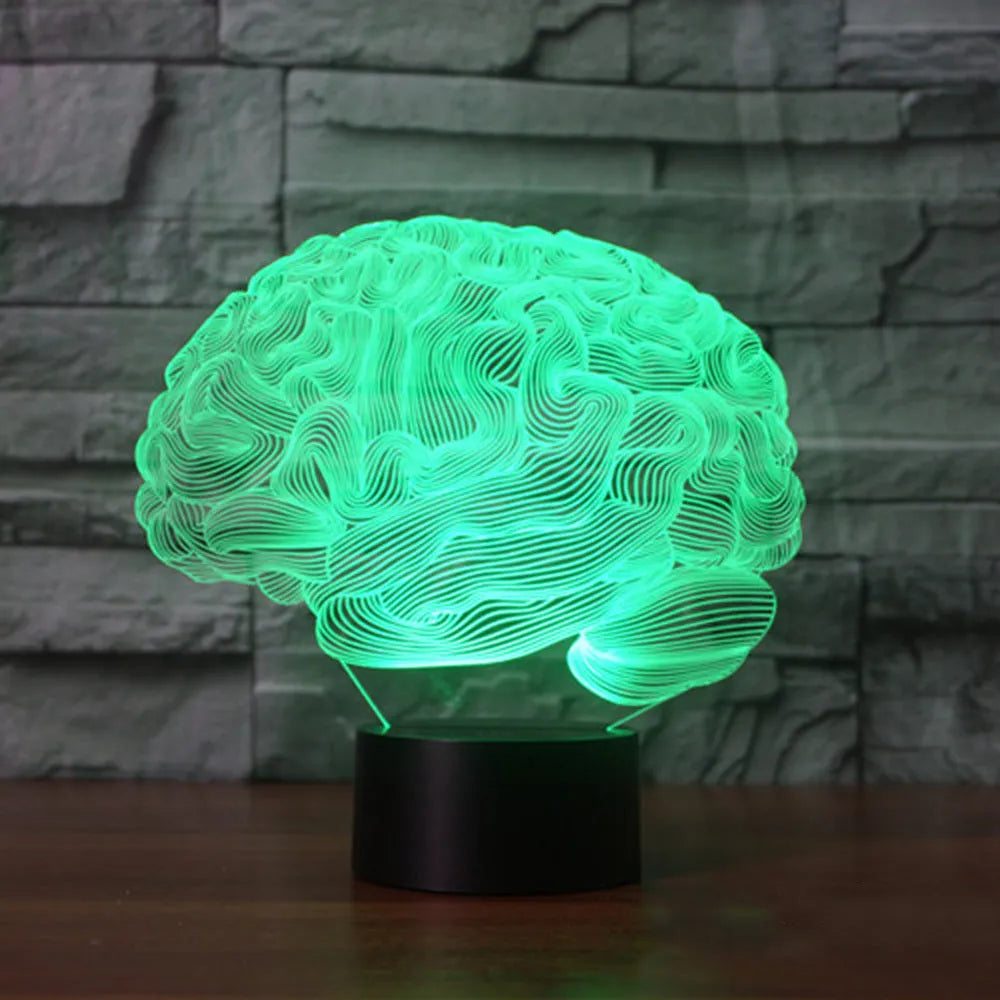 3D brain illusion LED desk lamp with remote control showing colourful lighting effects on acrylic panel