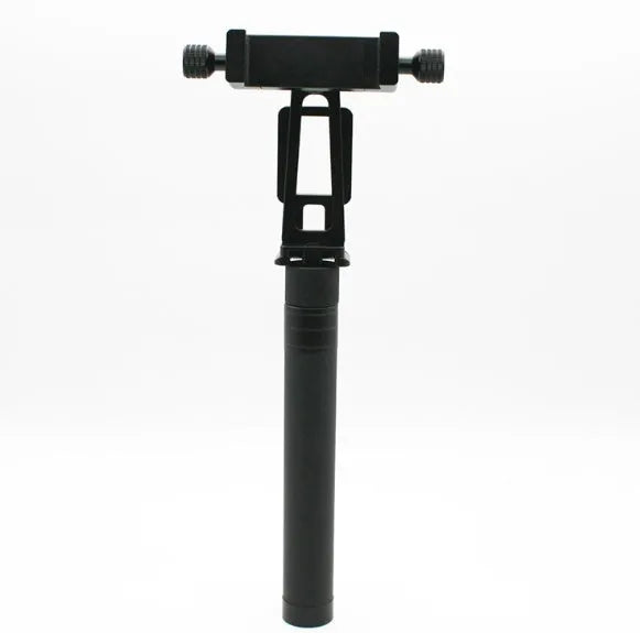 Black retractable metal selfie stick with hand-held stabilizer extended for smartphone photography