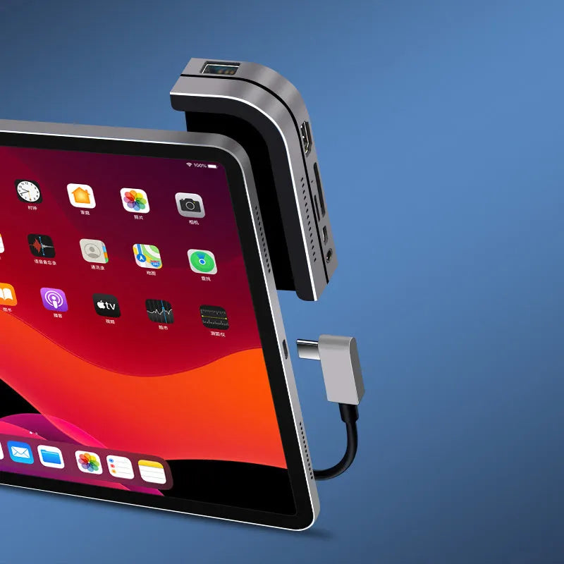 Silver aluminium grey USB-C docking station with 6 ports for iPad Pro 2018 and 2020 models