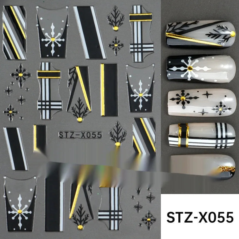 Pack of black and silver strip nail art stickers with cartoon and love pattern designs.
