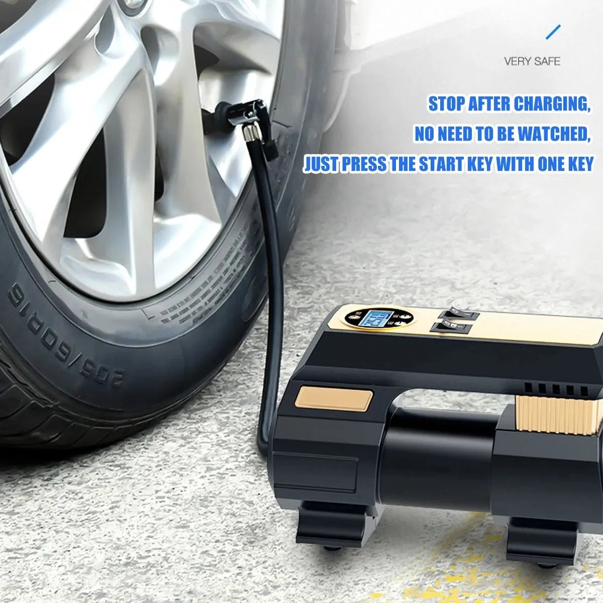 120W 12V car air pump with digital display, 60cm tube, and 300cm power cord on a dark background