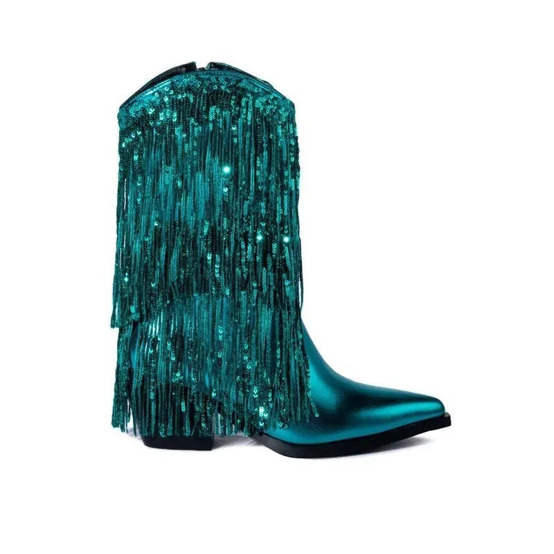 Women's black chunky heel tassel boots with a super high stiletto heel and pointed toe.