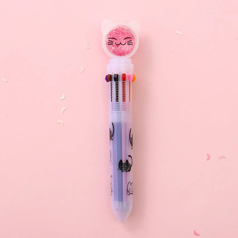 Push-type plastic pen with cute cat design, 15cm long, 0.5mm tip.