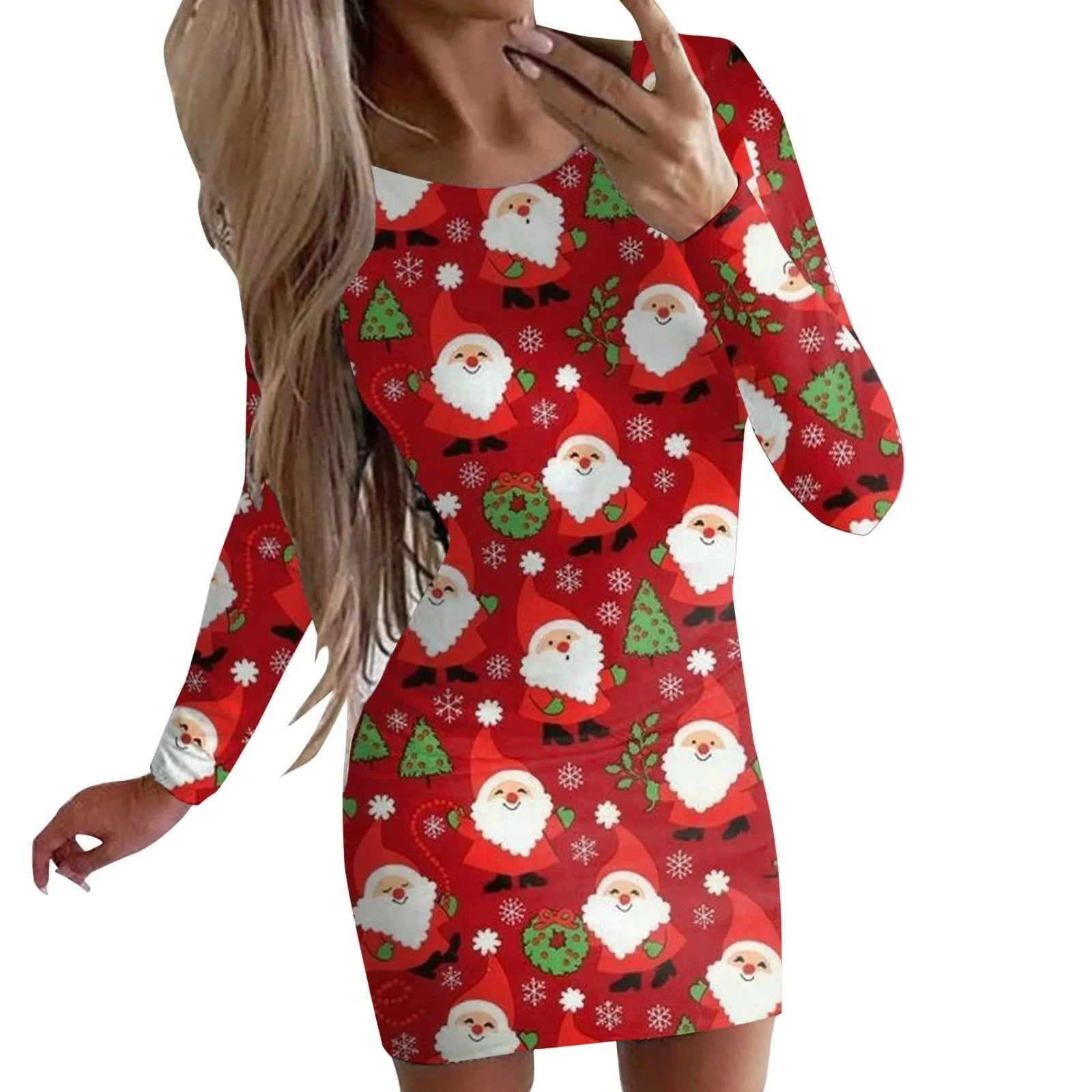 Christmas printed floral pattern dress with round neck and long sleeves in tight fit