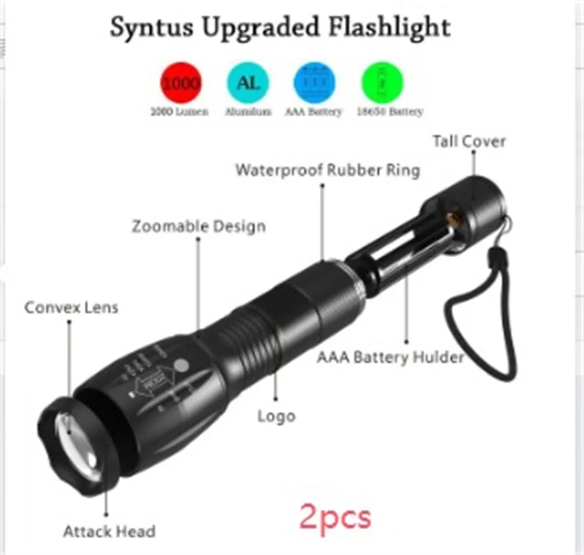 Black aluminum alloy zoom flashlight with adjustable head for focus, shown with beam reaching into distance.