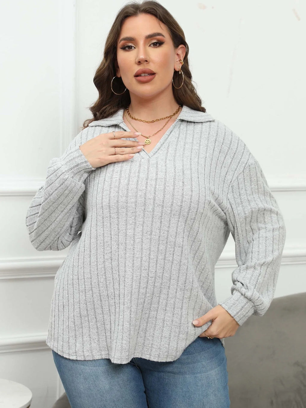 Women's plus size gray polo collar shirt with lantern sleeves in street fashion gothic style