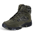 Men's black high-top hiking shoes with metal details and artificial PU upper, side view.