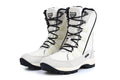 Women's mid-calf length black genuine leather thermal snow boots with a round toe and rubber sole