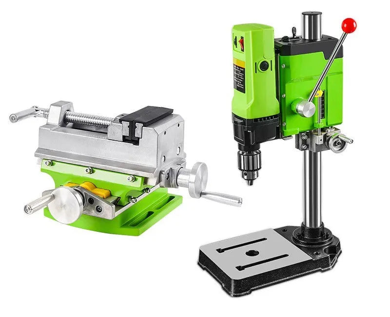 Mini bench drill and milling machine on a workbench with cross bench pliers and heavy-duty pliers.