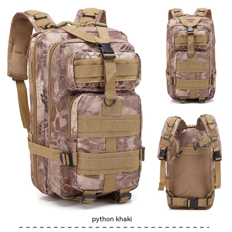 Large khaki hiking backpack with air pillow belt system shown for off-road use.