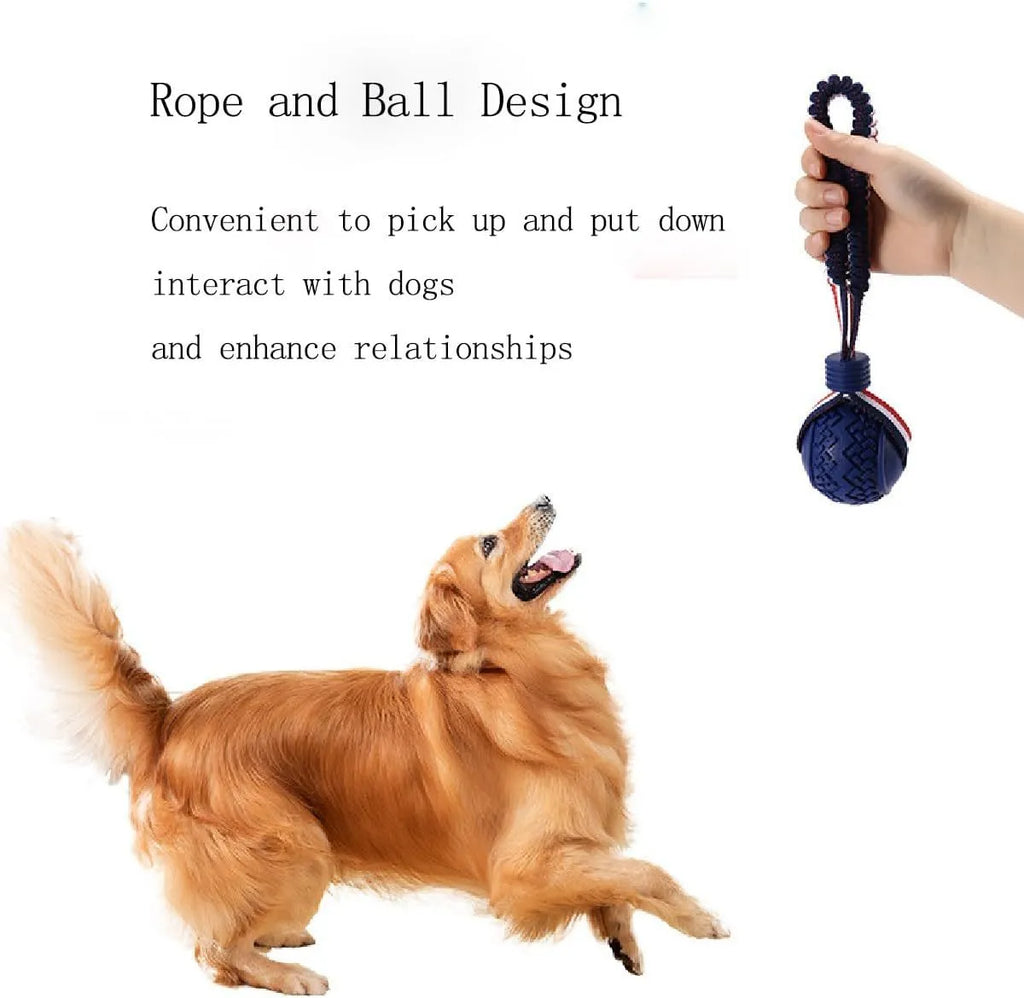 Blue and red durable rubber dog ball with rope attachment toy for medium and small dogs