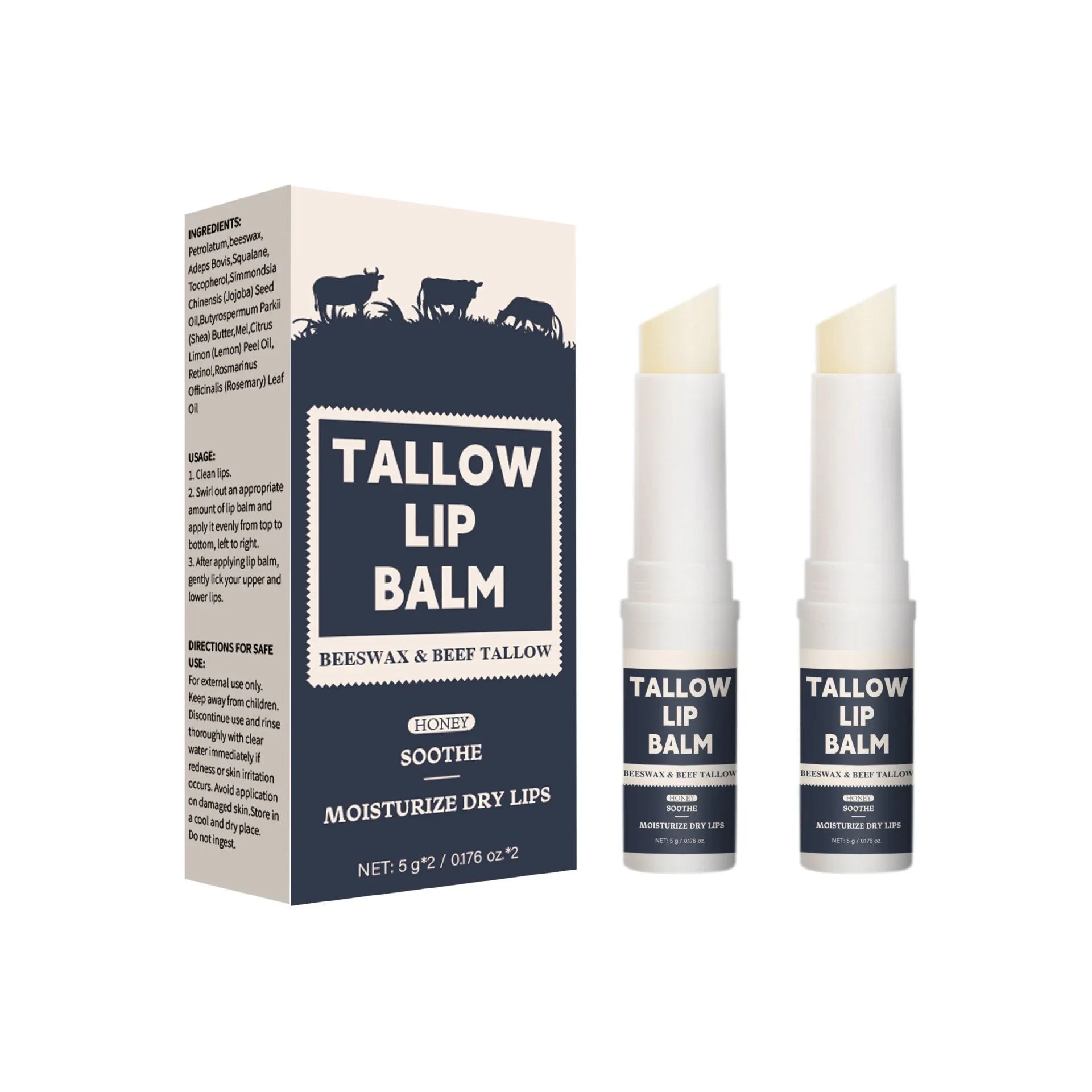 Two full-size beef tallow lip balm sticks with light grain texture, packaged together.