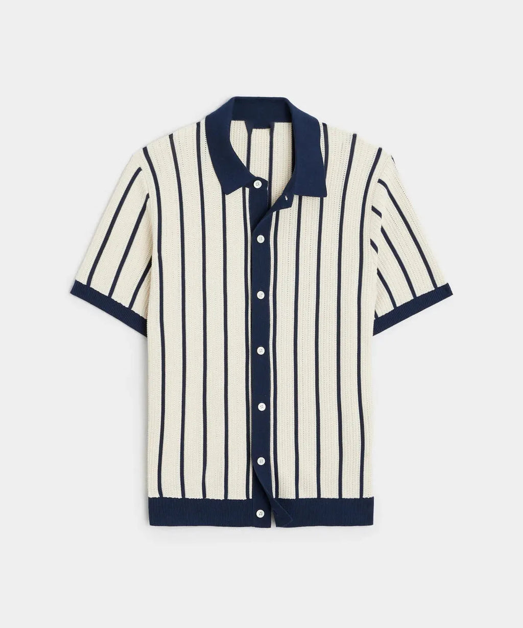 Men's white lapel knitted polo shirt with asymmetric design and short sleeves