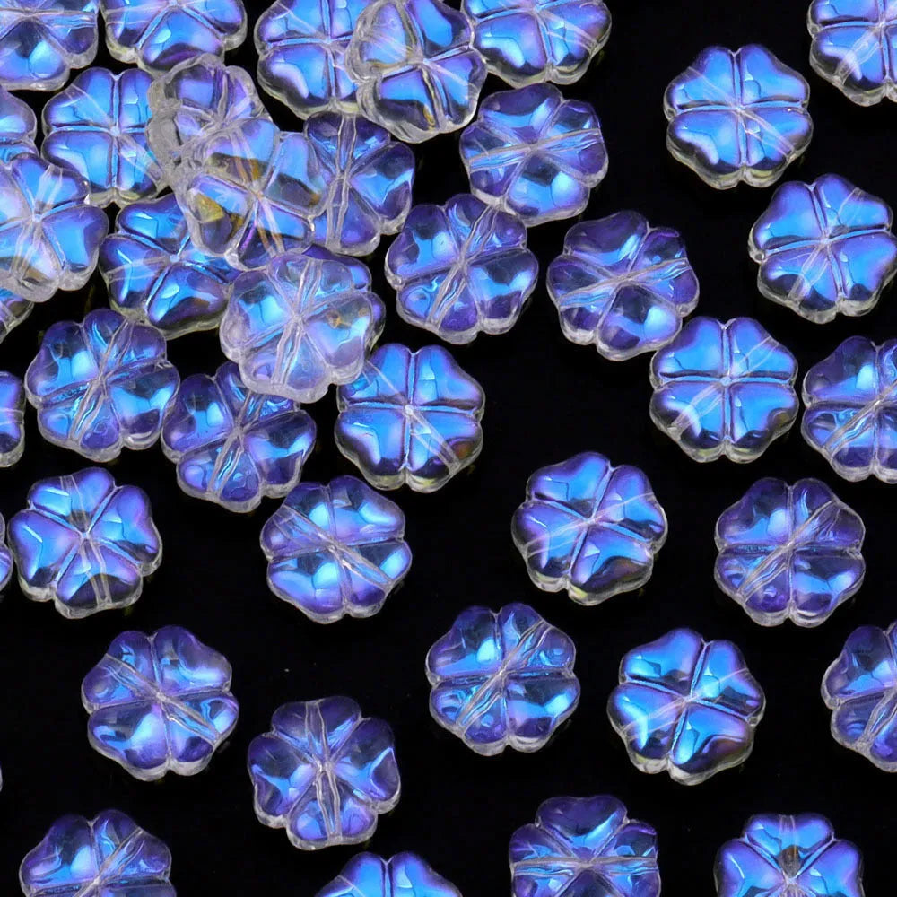 50 glass four-leaf clover beads in assorted colours with coloured glaze finish and 10mm straight hole design.