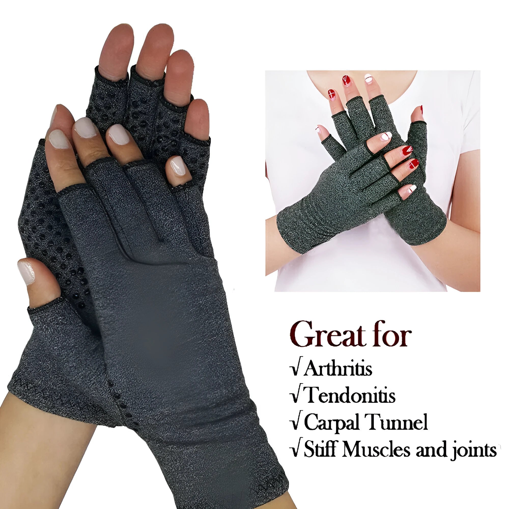 Grey half-finger joint compression gloves with anti-slip grip on a hand.