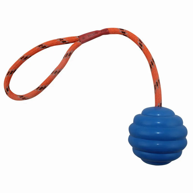 Rubber dog toy with rope knot elements in multicolour options, measuring 6x30cm