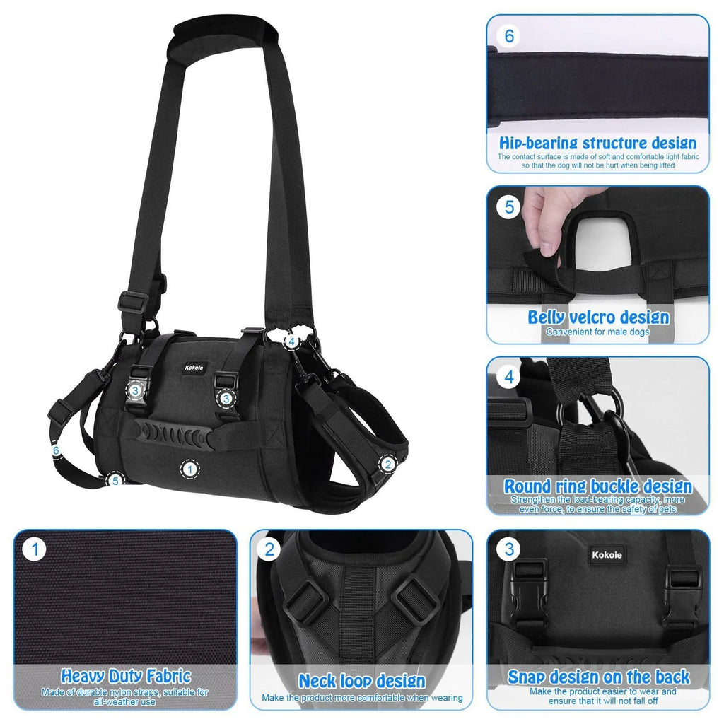 Black Oxford cloth dog harness with leg support and adjustable breast strap for rehabilitation