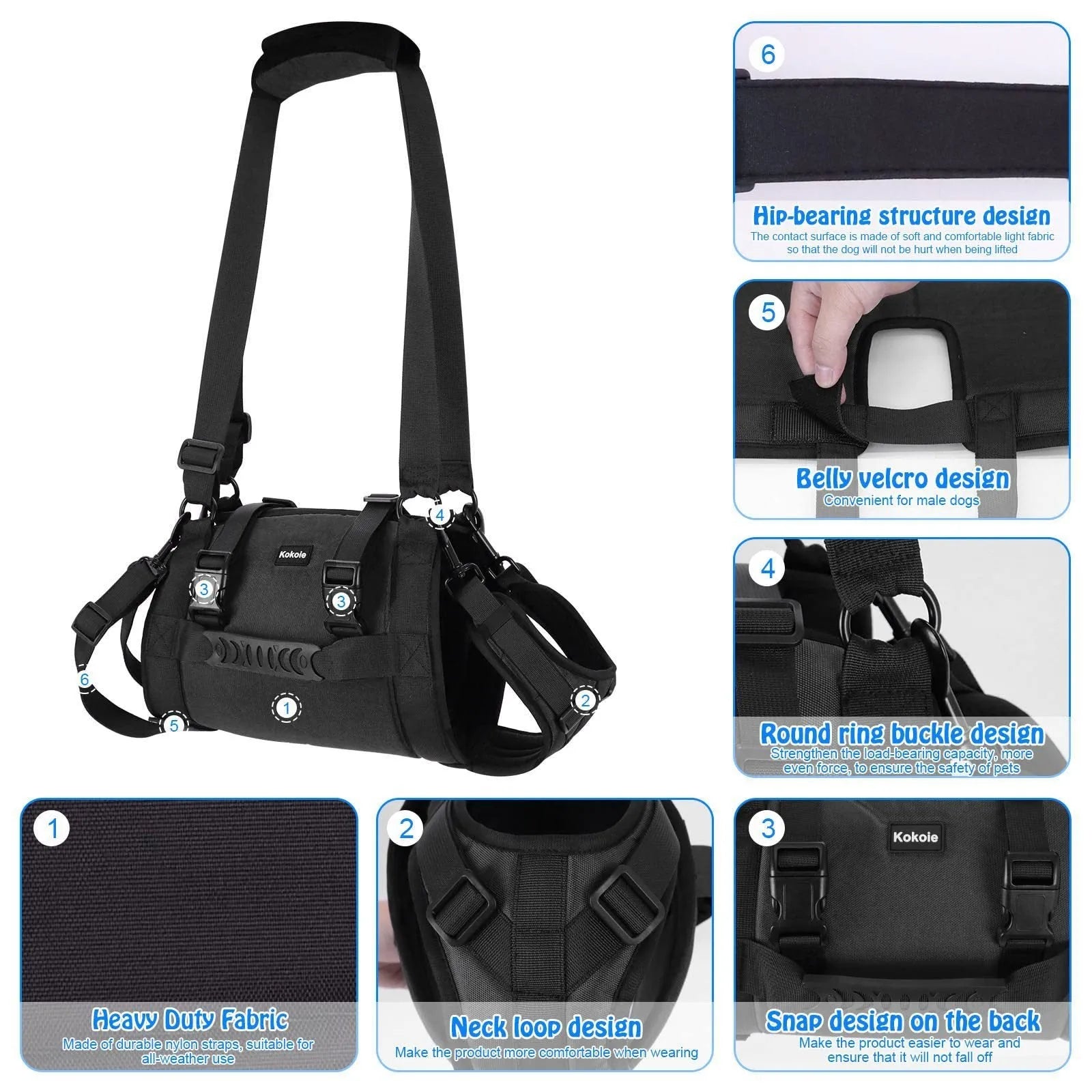 Black Oxford cloth dog harness with leg support and adjustable breast strap for rehabilitation