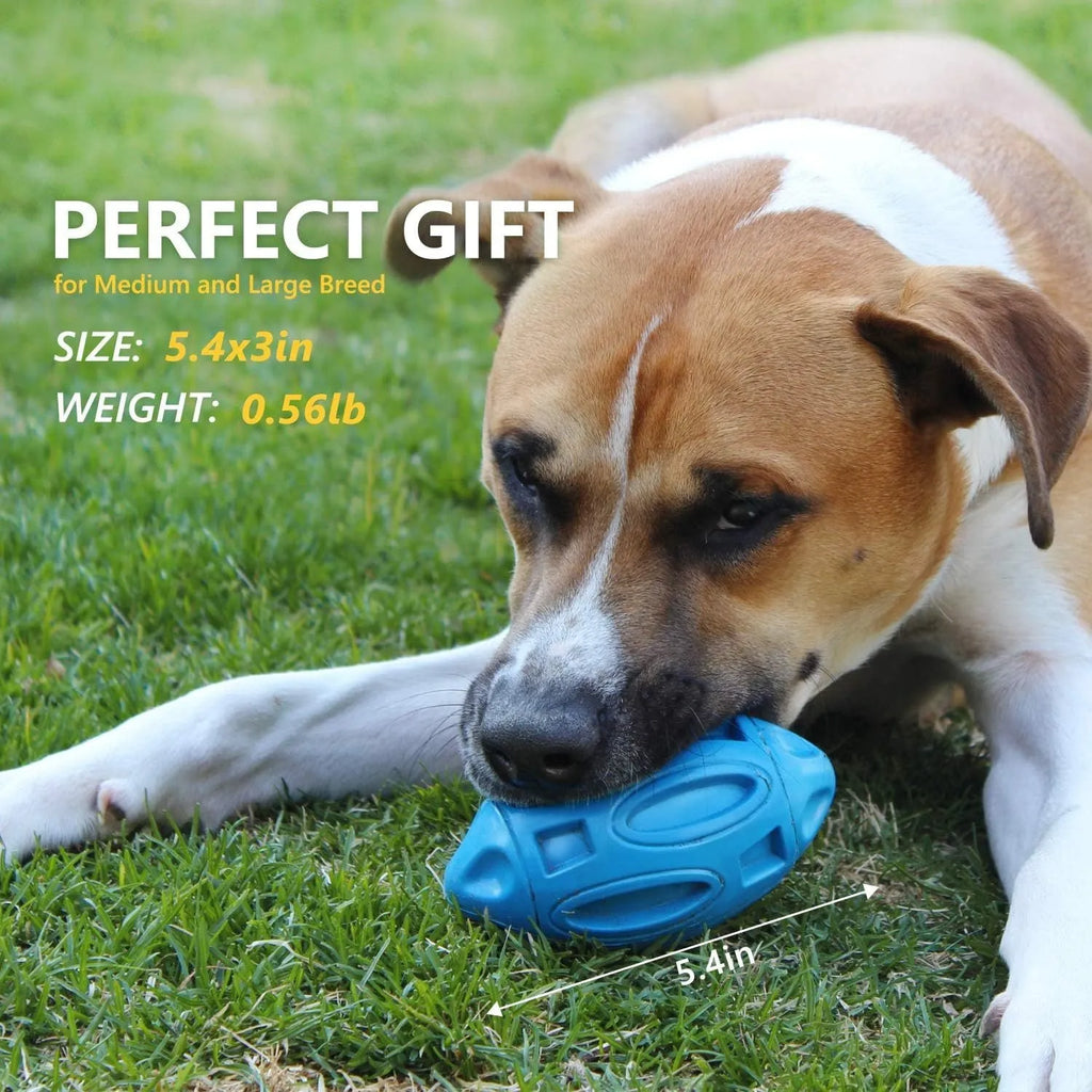 Blue green orange rubber squeaky chew ball dog toy with surface grooves for medium large breed aggressive chewers