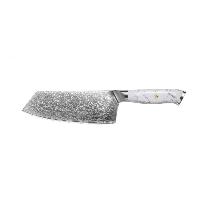 Damascus pattern chef's knife with VG10 steel blade and modern handle for kitchen use