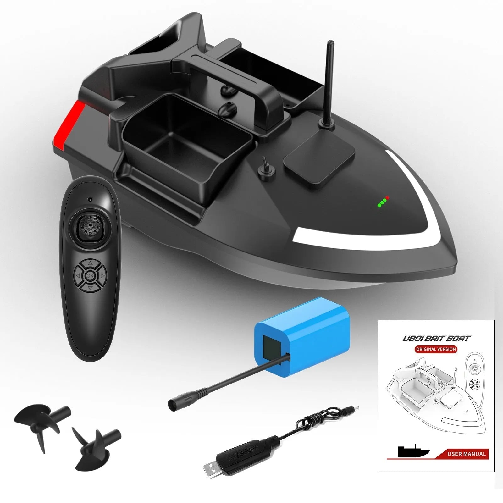 GPS remote control fishing boat in black with LED light and remote controller