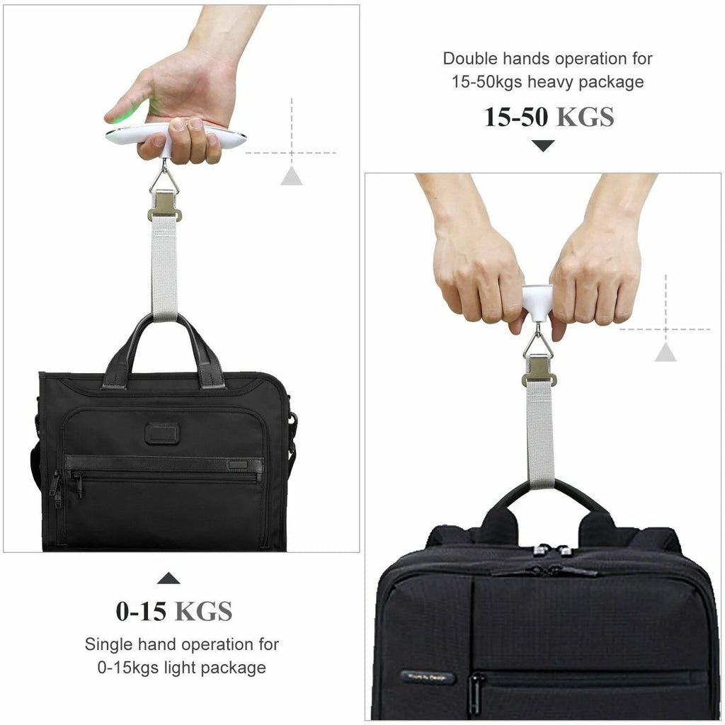 Portable silver LCD digital luggage scale with belt and backlit display showing weight in kg