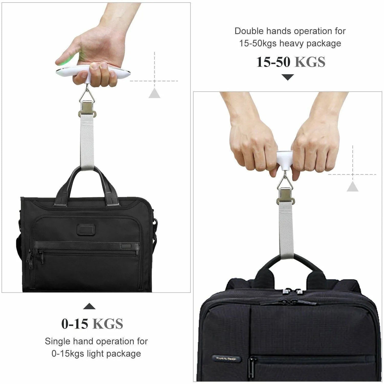 Portable silver LCD digital luggage scale with belt and backlit display showing weight in kg