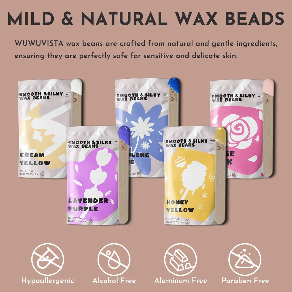 Professional waxing kit with hard wax beans, pink wax warmer, applicator sticks, lotion and ice masks.
