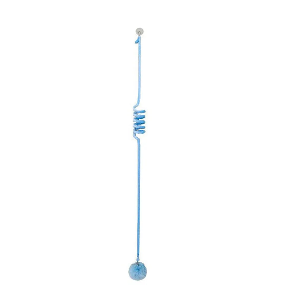 Hanging cat toy with suction cup, spring-mounted bell stick, and inflatable ball in multiple colour options