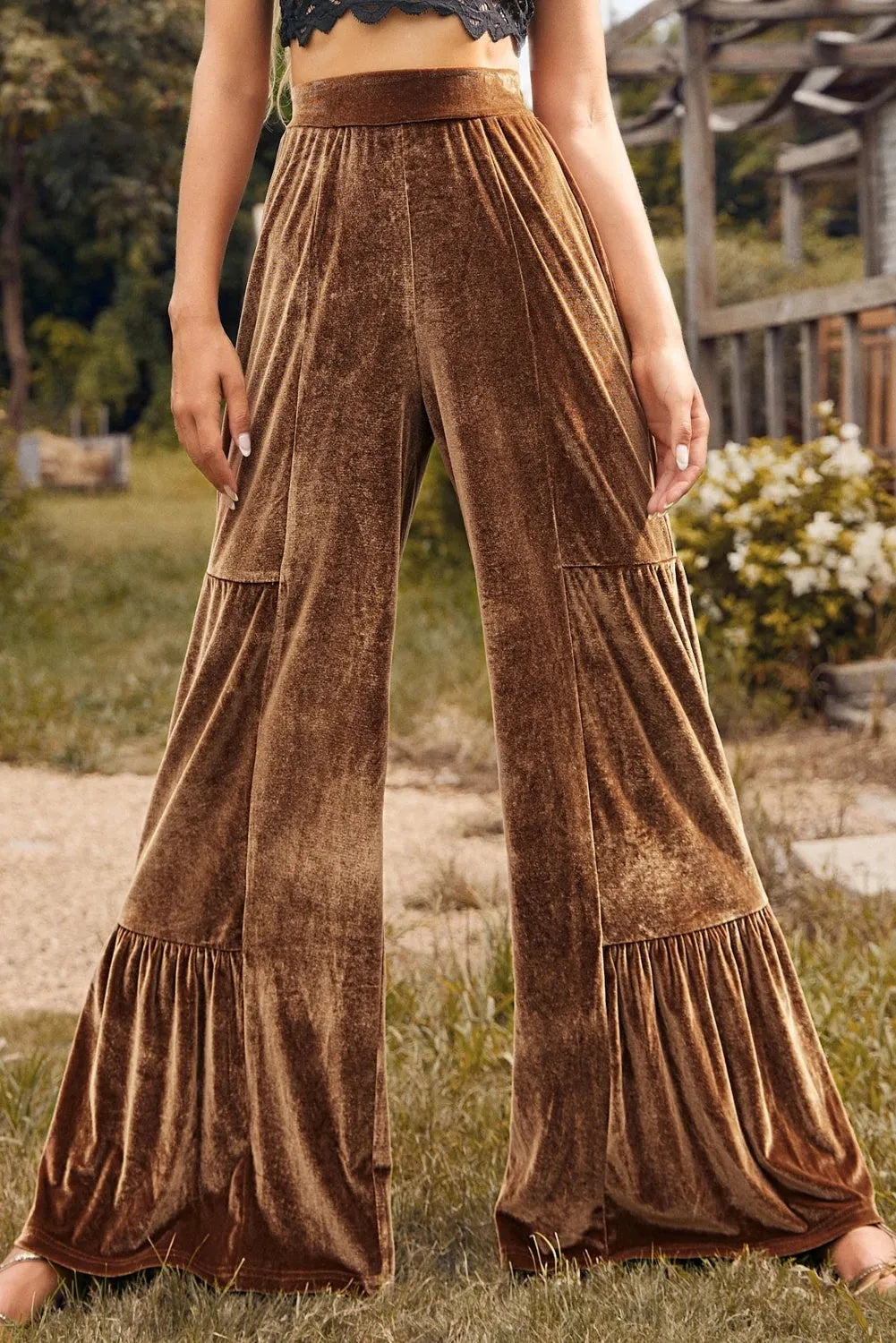 Chestnut high-waist flared wide-leg polyester trousers for women with ruffled detail