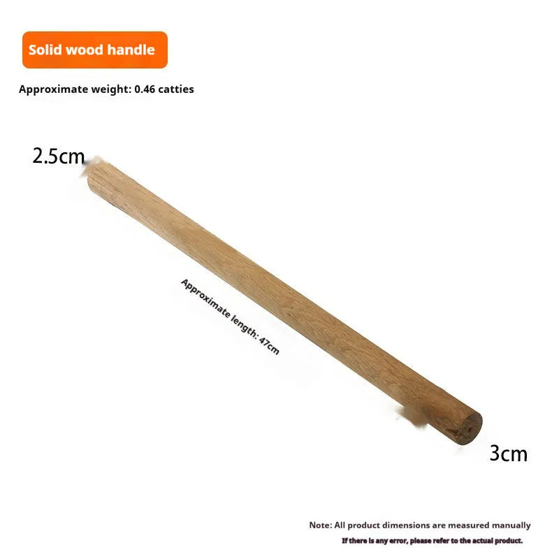 Locust wood tool handles for axes, hoes, and sickles in various lengths on a wooden surface.