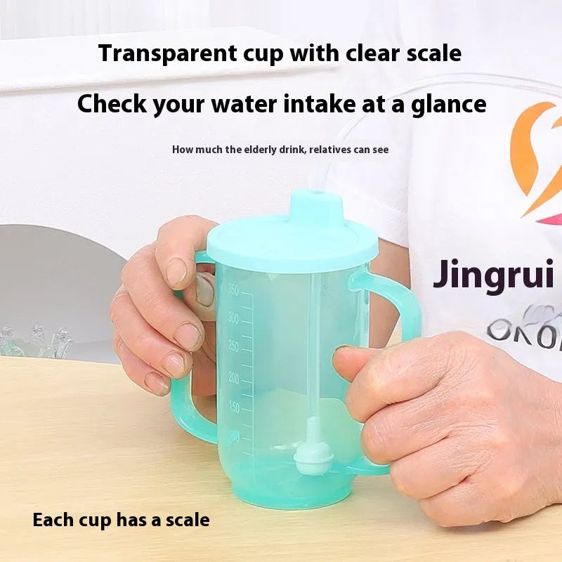 Oblique mouth choke-proof drinking cup with lid and handle, showing optional wrist splint attachment
