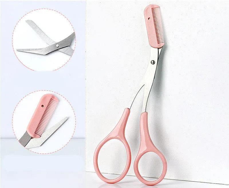 White and pink eyebrow trimmer with stainless steel blade and curved plastic comb