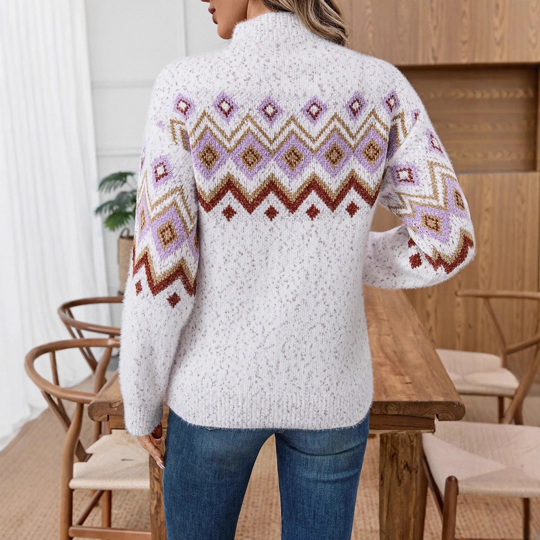White geometric jacquard half turtleneck sweater with loose fit street fashion styling
