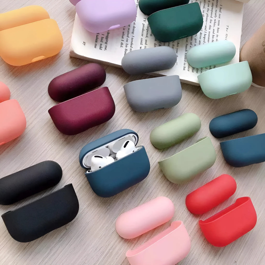 Plastic protective case for Apple AirPods Pro headphones shown in multiple colour options.