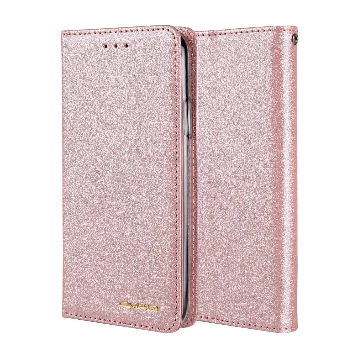 PU leather flip phone case for iPhone in various colours, showing closed front and open view with card slots.