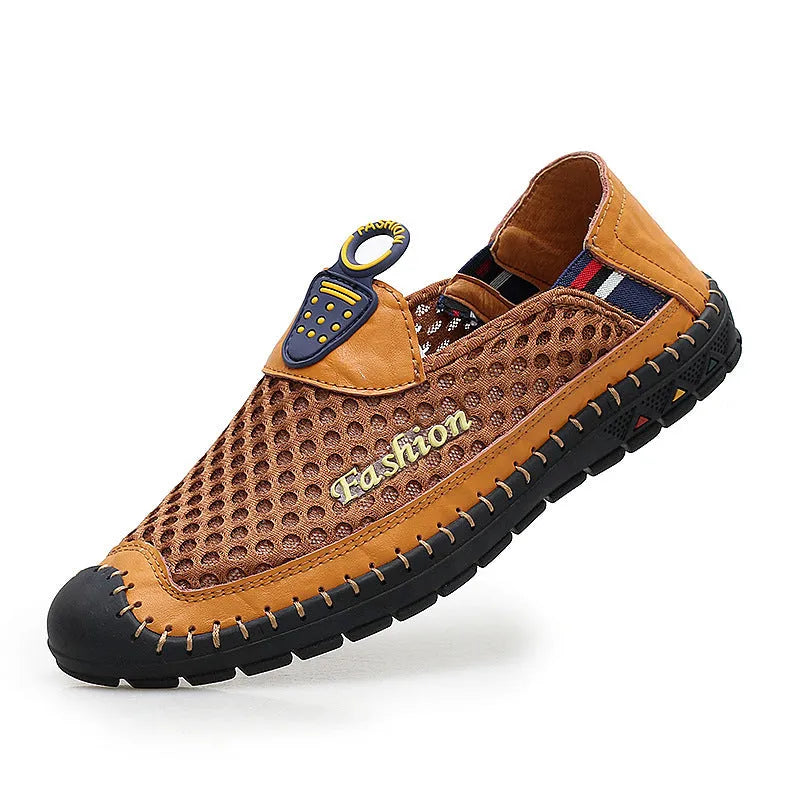 Men's brown casual mesh shoes with round toe and rubber sole on a white background