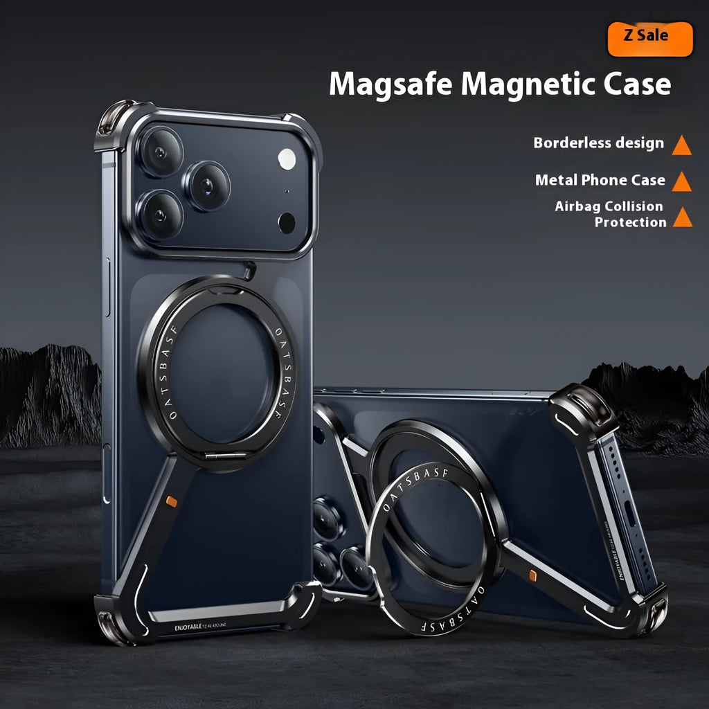 Black metal iPhone 17 Pro Max case with invisible magnetic bracket and electroplating finish