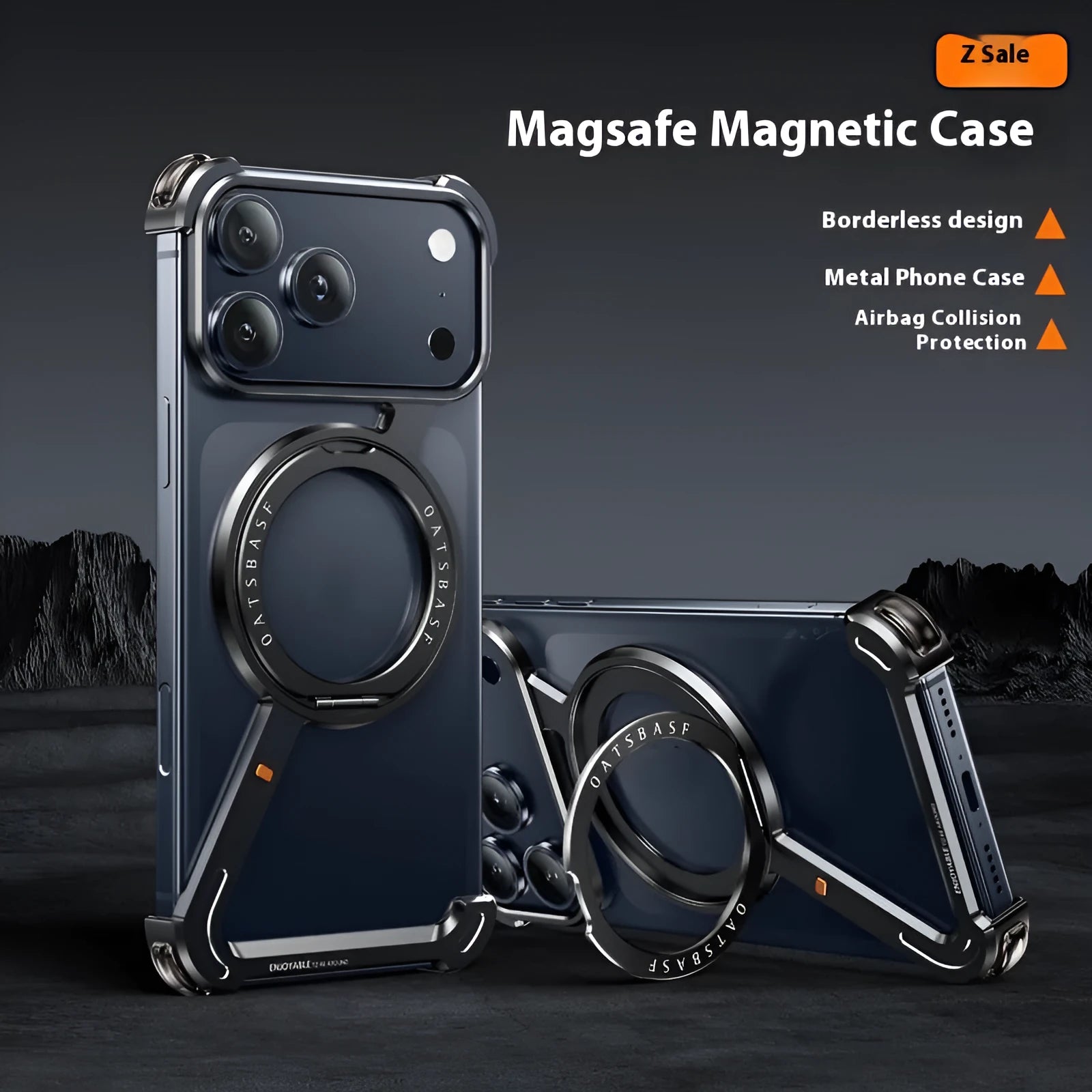 Black metal iPhone 17 Pro Max case with invisible magnetic bracket and electroplating finish