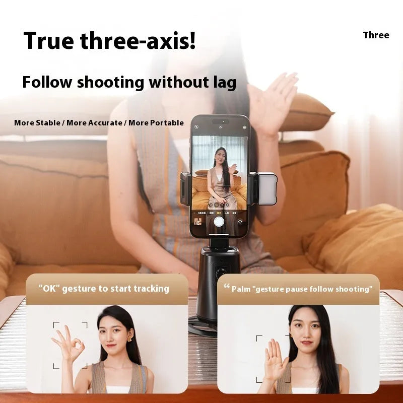 Black desktop smartphone bracket with intelligent face tracking and rotating camera head with ribbon lights
