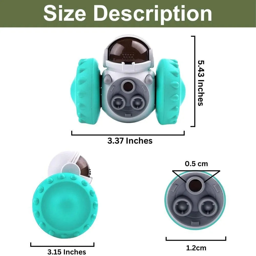 Small dog treat dispenser toy with robot appearance in five colour options showing dimensions