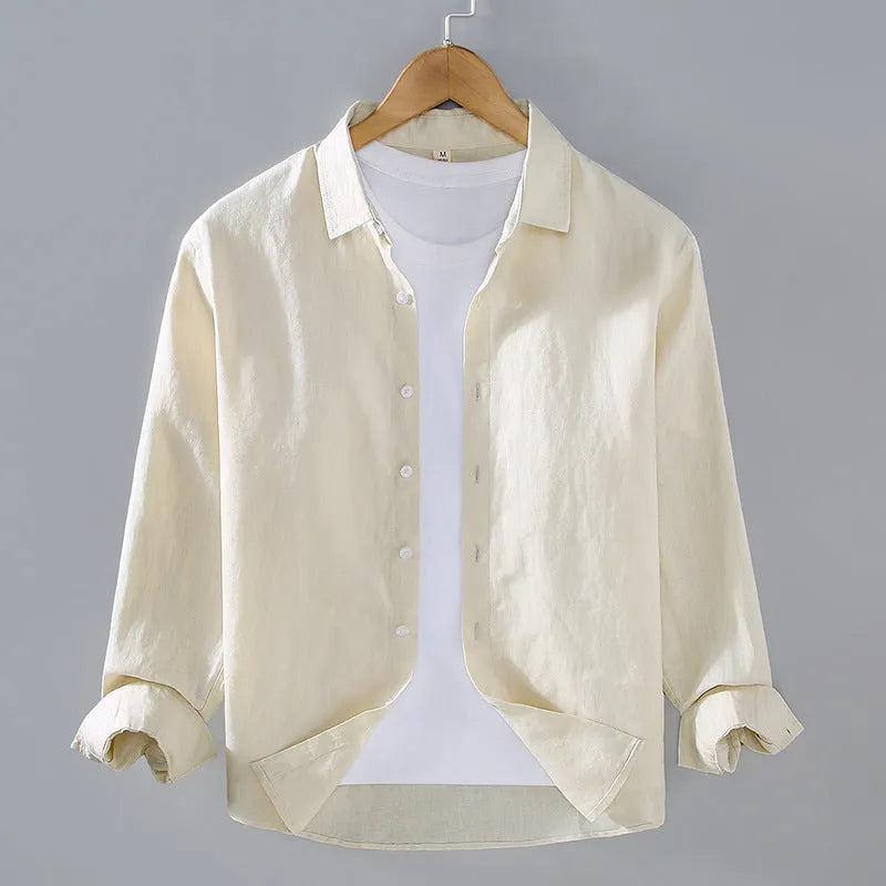 Men's pure linen long sleeve shirt in cardigan style, shown in a solid colour.