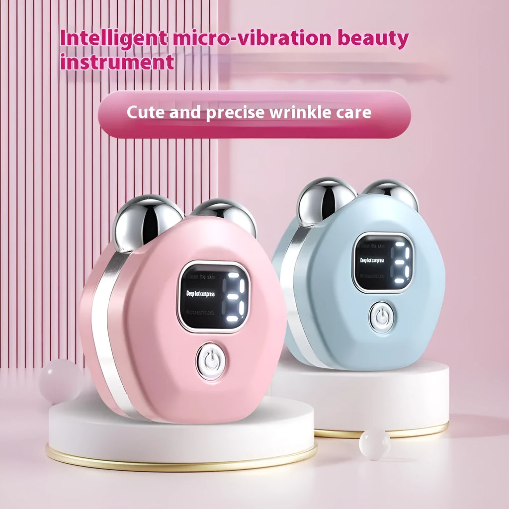 Portable white micro current facial massage instrument with double-roller head and USB charging cable.