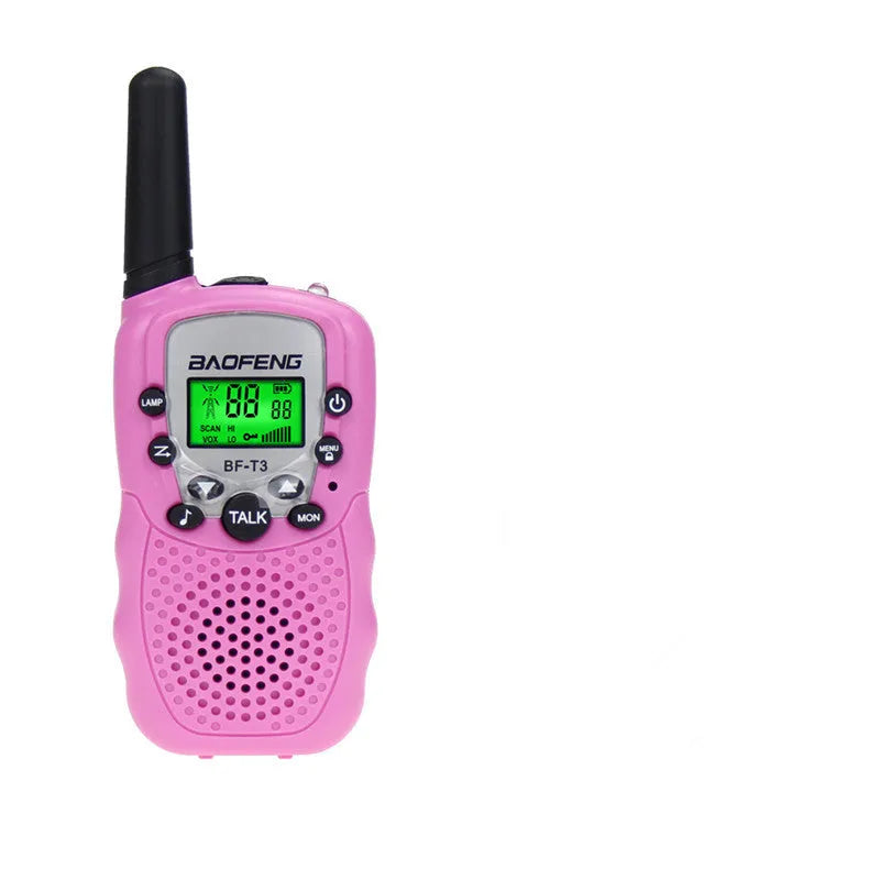 Children's walkie talkie set showing two handheld units in available colour options with 22-channel display