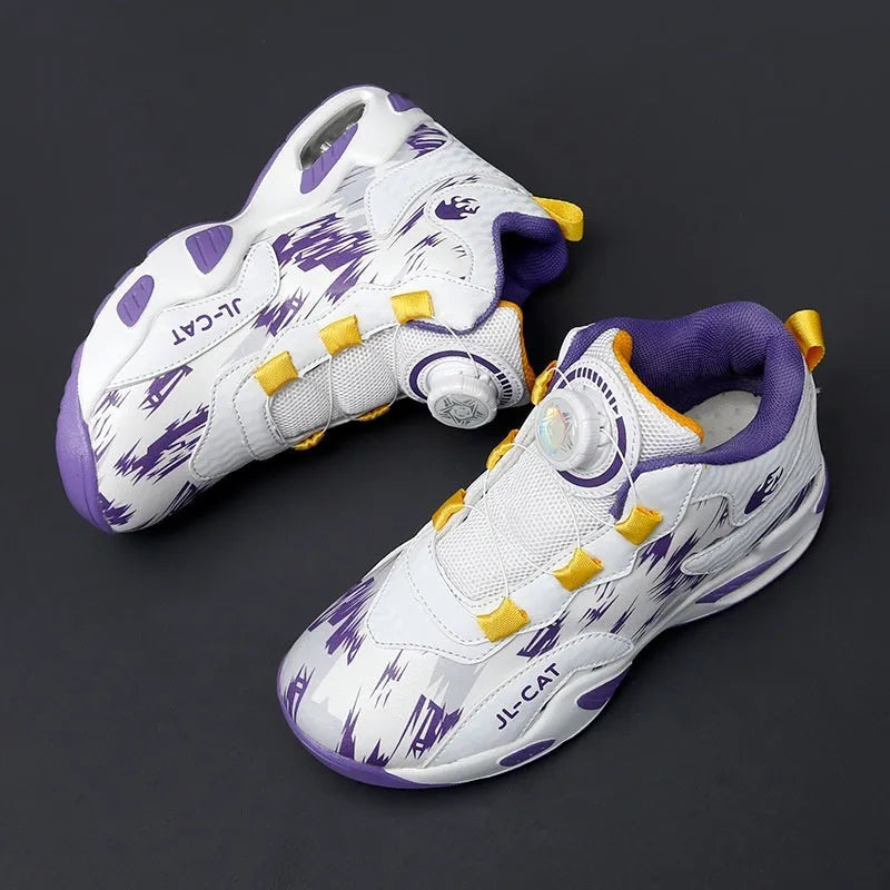 Children's rotating button basketball shoes in black synthetic leather with a cushioned PU sole.