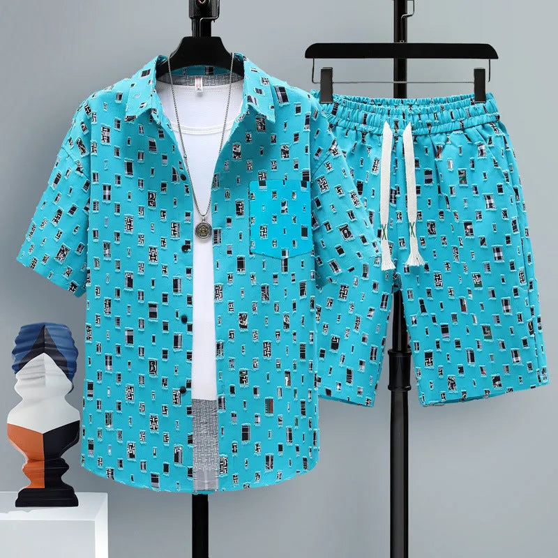 Men's casual sports two-piece set with short sleeve top and matching polyester shorts