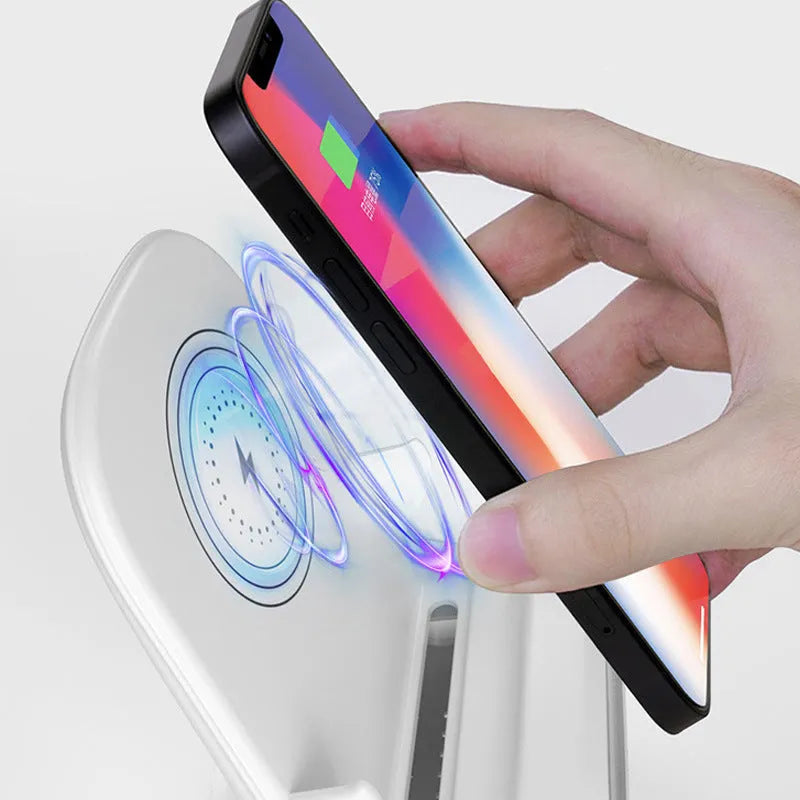 White 15W vertical wireless charging stand for phones and tablets with Type-C input